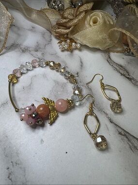 Gold and Pink Natural Beads Bracelet with Matching Earrings-Made in Mexico NWOT